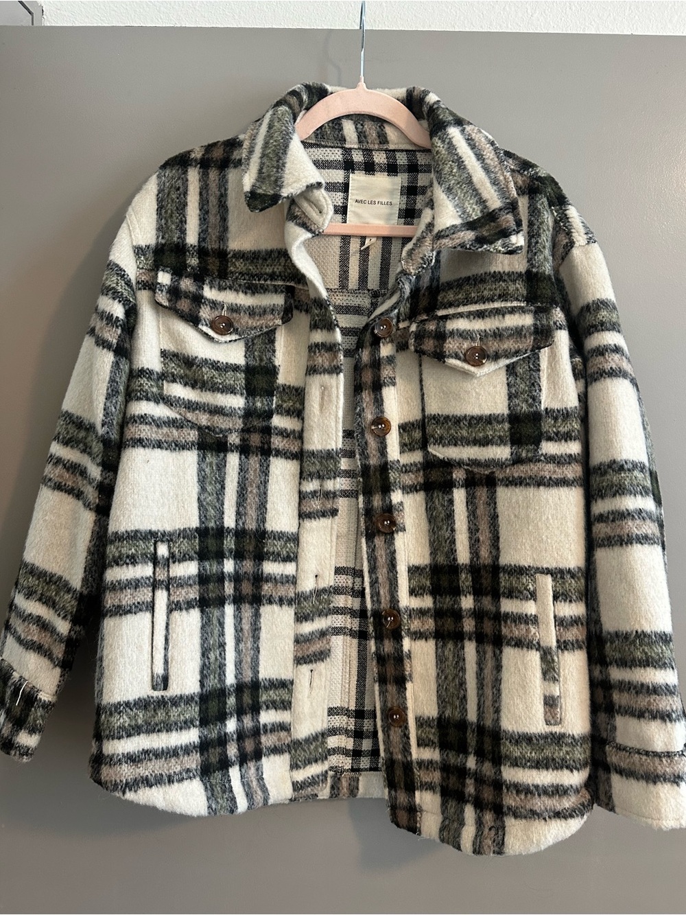 Avec Les Filles Black Olive Green Plaid Shacket Jacket Size S